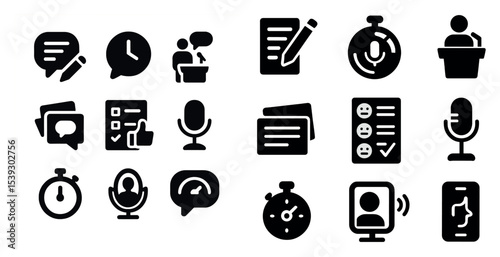 Communication and media icons set – filled, solid, message and speech symbols