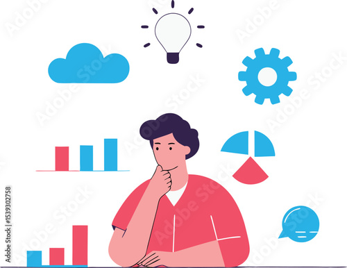 Businessman, Thinking for Business Idea Vector Illustration, Creative Planning and Innovation Concept in Flat Design
