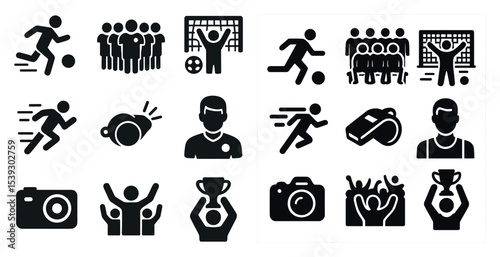 Football and soccer silhouette icons set – filled, solid, sports and team symbols