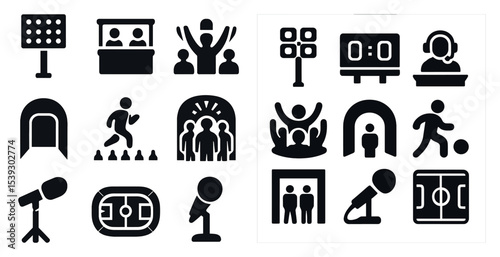 Sports and event solid icons set – silhouette, filled, athletics and scoreboard symbols