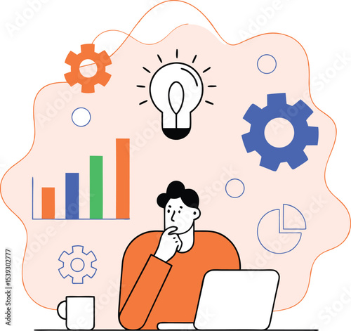 Businessman, Thinking for Business Idea Vector Illustration, Creative Planning and Innovation Concept in Flat Design