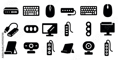 Computer accessories solid icons set – tech, gadget, digital device symbols