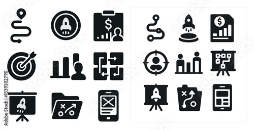 Business strategy solid icons set – graph, target, data visualization symbols