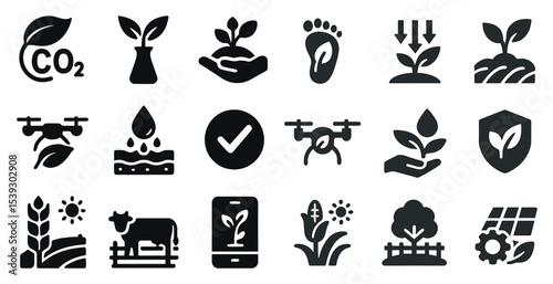 Eco-friendly solid icons set – sustainability, nature, green living symbols