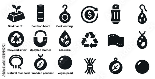 Sustainability and recycling silhouette icons set – eco, green, upcycle symbols