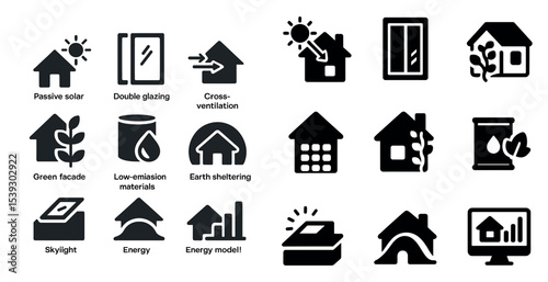 Energy efficiency solid icons set – green, renewable, eco-friendly symbols