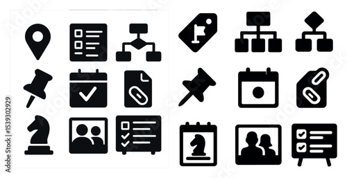Business and strategy solid icons set – filled, flat, management and planning symbols
