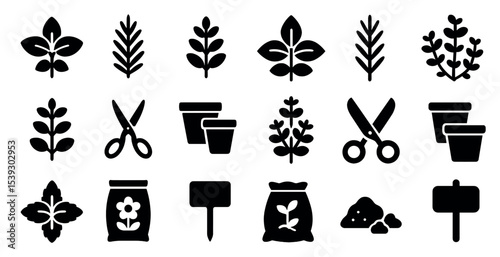 Gardening and horticulture solid icons set – silhouette, filled, plant care symbols