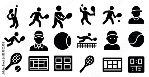 Tennis solid icons set – silhouette, filled, sports and racket game symbols