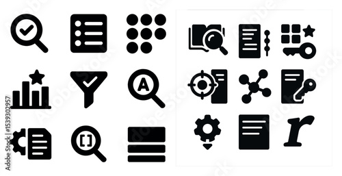 Business and efficiency solid icons set – flat, filled, productivity and workflow symbols