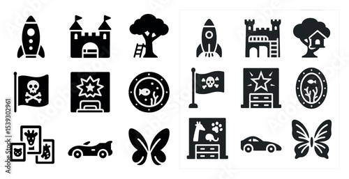 Adventure and playground filled icons set – solid, park, recreation symbols
