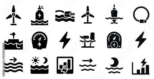 Renewable energy solid icons set – flat, filled, sustainable power symbols