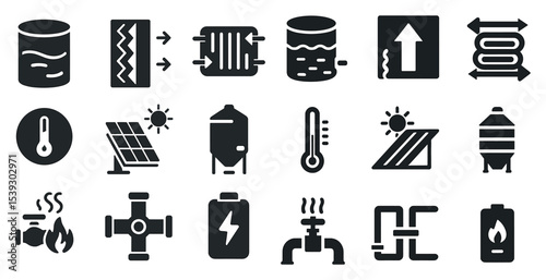 Energy and industry solid icons set – filled, power and renewable resources symbols