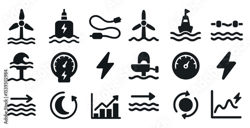 Renewable energy solid icons set – filled, power, eco-friendly symbols