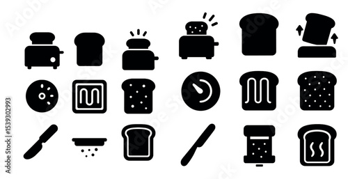 Breakfast toaster solid icons set – kitchen, silhouette, appliance symbols
