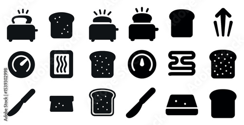 Breakfast and toaster solid icons set – filled, bread and cooking symbols