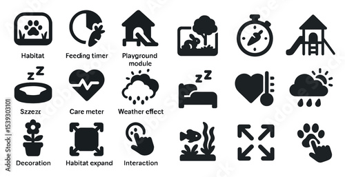 Pet care solid icons set – feeding, habitat, playground and animal symbols