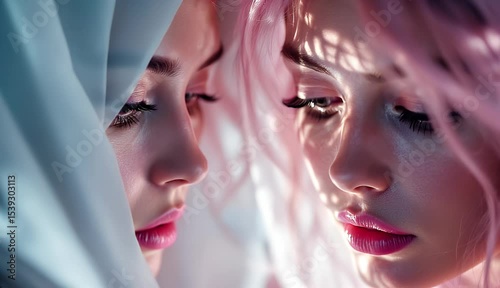 Two captivating female portraits, contrasting light, shadow, and hair color. A study in feminine beauty