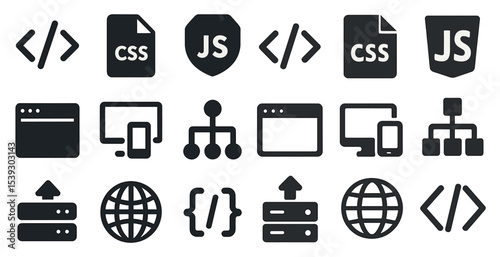 Web development filled icons set – programming, tech, online tools design