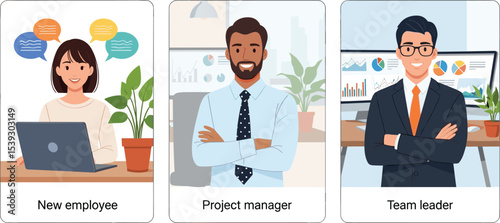 Illustration of a new employee, a project manager, and a team leader in a professional environment. Represents onboarding, leadership, and workplace management. 