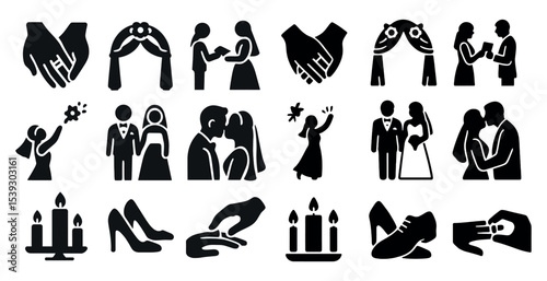 Wedding and romance silhouette icons set – filled, love, matrimonial symbols