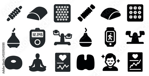Wellness and fitness icons set – solid, filled, health and meditation symbols