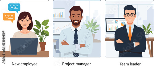Illustration of a new employee, a project manager, and a team leader in a professional environment. Represents onboarding, leadership, and workplace management. 