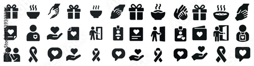 Charity and donation icons set - solid, filled, fundraising and support symbols