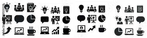 Business and communication solid icons set – filled, silhouette, corporate symbols