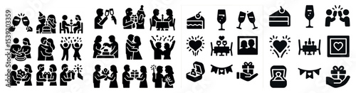 Wedding celebration silhouette icons set – solid, filled, love and party symbols