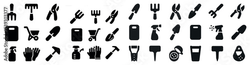 Gardening tools solid icons set – flat, filled, horticulture and landscaping symbols