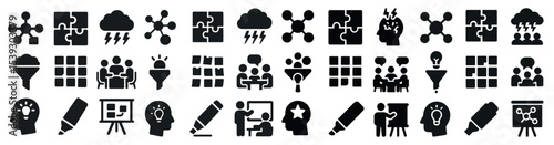 Brainstorming and collaboration solid icons set – ideas, teamwork, creative symbols