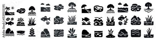 Nature and environment silhouette icons set – solid, filled, ecological symbols