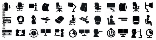 Office furniture and equipment silhouette icons set – work, desk, chair symbols