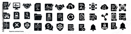 Esports contract solid icons set – legal, agreement, professional gaming symbols