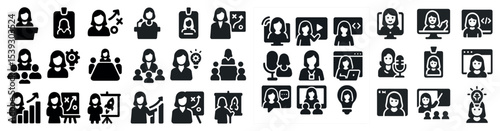 Professional communication solid icons set – filled, silhouette, conversation symbols