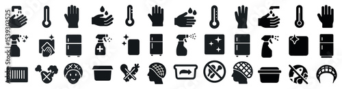 Cleaning and hygiene solid icons set – sanitation, washing, and disinfecting symbols