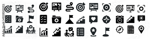 Business and strategy solid icons set – filled, silhouette, corporate planning symbols