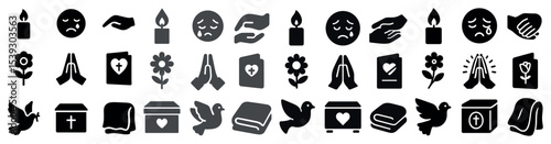 Funeral and memorial icons set – filled, solid, mourning and remembrance symbols