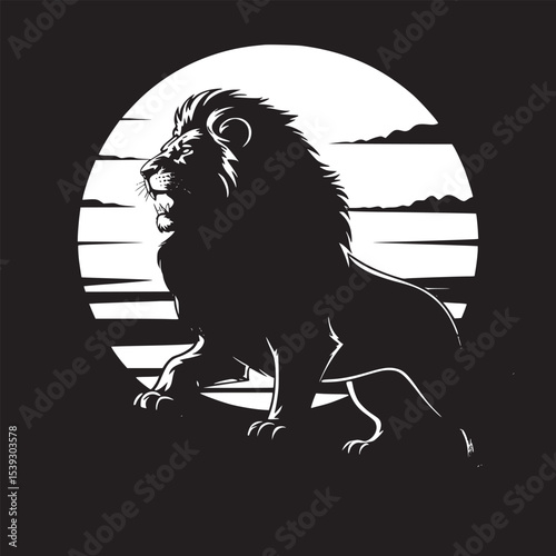 A silhouette of a lion standing on a rock formation against a sunset background illustration art