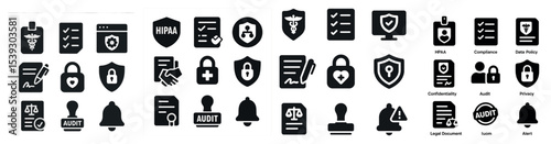 Healthcare and privacy silhouette icons set – security, compliance, hipaa symbols