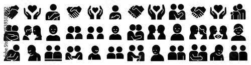 Emotions and people silhouette icons set – solid, filled, interaction symbols