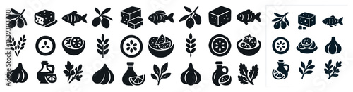 Mediterranean cuisine solid icons set – olive, fish, traditional cooking symbols