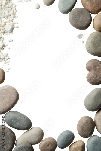 Smooth Heart-Shaped Pebbles Line the Bottom Corners with a Few Scattered in the Top-Right, Mimicking a Natural Flow