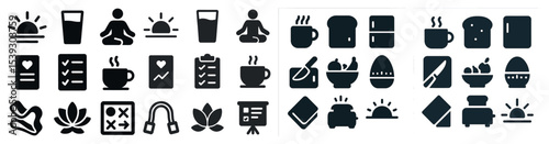 Wellness and health filled icons set – solid, flat, meditation and nutrition symbols