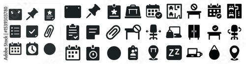 Office and work solid icons set – filled, flat, productivity and organization symbols