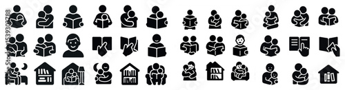 Family learning solid icons set – education, parenting, child development symbols