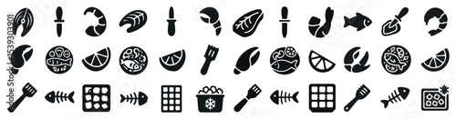 Seafood and culinary icons set – silhouette, outline, cooking and kitchen symbols