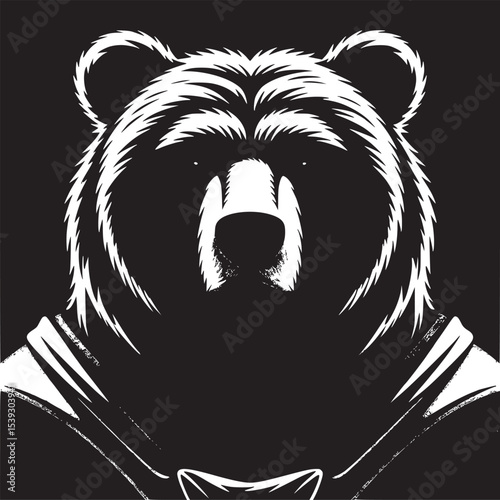 Illustration of a brown bear with orange and blue clothing on a solid blue background image art