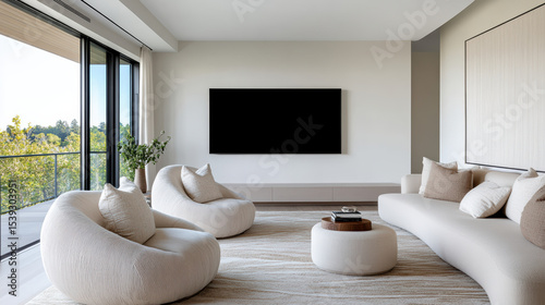 Wallpaper Mural Modern lounge with curved armchairs, soft textures, and minimalist design. space features large Torontodigital.ca